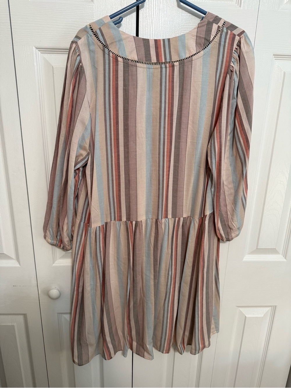 Knox Rose Striped Babydoll Dress in Muted Blue, Tan & Rust - Picture 2 of 4